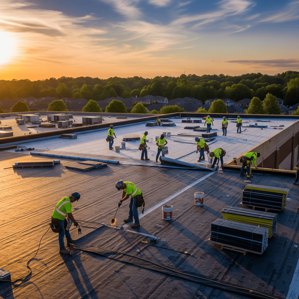 Commercial Johns Creek roofing crew installing TPO flat roof system on a warehouse in Johns Creek GA