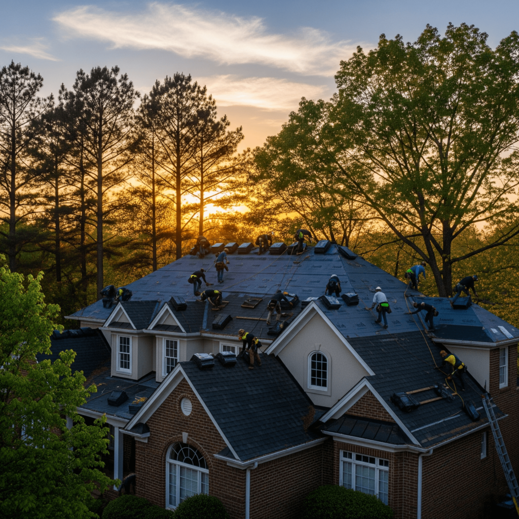 Licensed Johns Creek roofing contractors performing roof repair Johns Creek GA after storm damage