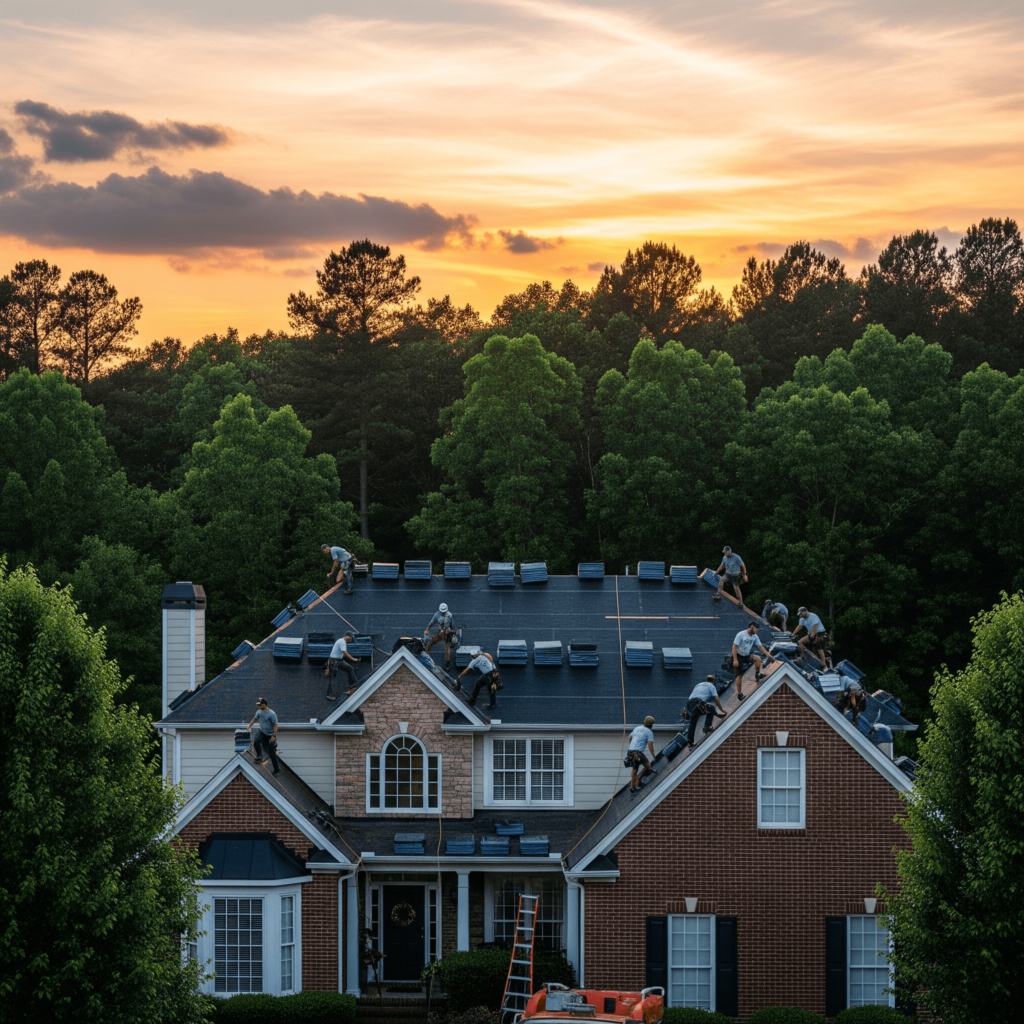 Johns Creek roofing crew installing asphalt shingles on a suburban home in Johns Creek, GA