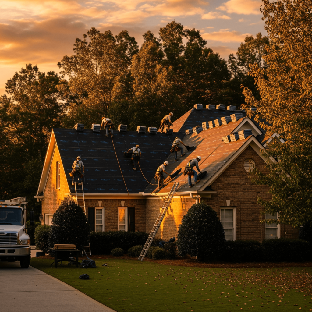 Johns Creek roofing team installing new shingles on a residential roof in Johns Creek GA